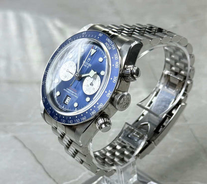 Tudor Black Bay Chronograph Blue crown-side angled view showing the blue dial and chronograph pushers.
